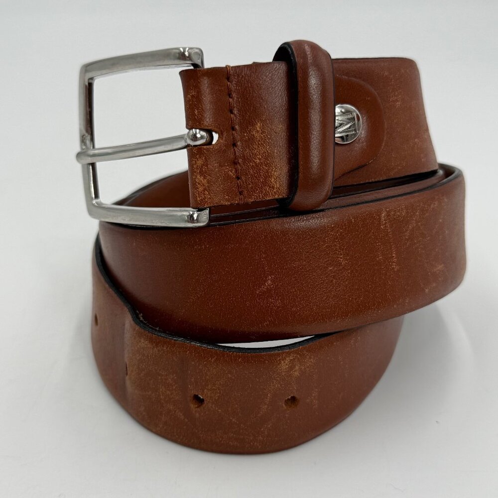 Manfield Leather Belt Brown Mens 38 / 95 Silver Tone Buckle 1.25" W Dress Work